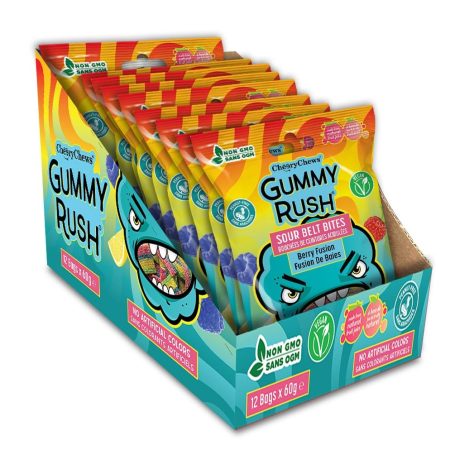 Gummy Rush Sour Belt Candies 2.11oz, Egg Free, Peanut Free, Fish Free, Soy Free, Sesame Free, Shellfish Free, Chewy Sour Tangy Treat - Pack of 12 (2.11oz, Berry Fusion)