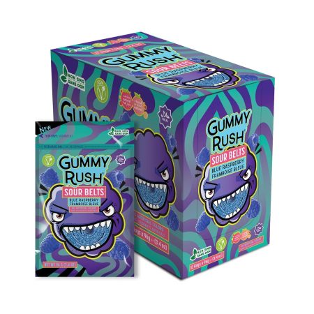 Gummy Rush Sour Belt Candies 3.4 oz, Egg Free, Peanut Free, Fish Free, Soy Free, Sesame Free, Shellfish Free, Chewy Sour Tangy Treat - Pack of 12 (3.4 oz, Blue Raspberry)