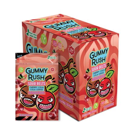 Gummy Rush Sour Belt Candies 3.4 oz, Egg Free, Peanut Free, Fish Free, Soy Free, Sesame Free, Shellfish Free, Chewy Sour Tangy Treat - Pack of 12 (3.4 oz, Cherry Cola)
