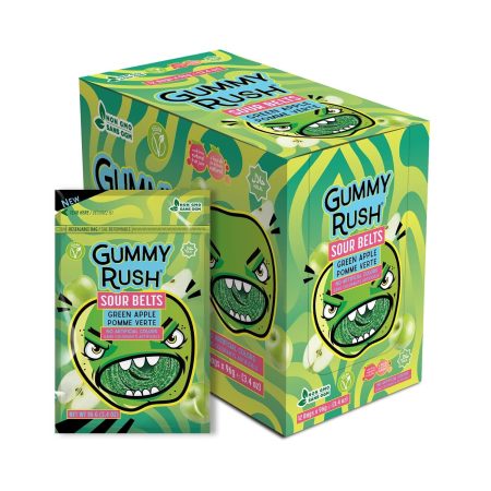 Gummy Rush Sour Belt Candies 3.4 oz, Egg Free, Peanut Free, Fish Free, Soy Free, Sesame Free, Shellfish Free, Chewy Sour Tangy Treat - Pack of 12 (3.4 oz, Green Apple)