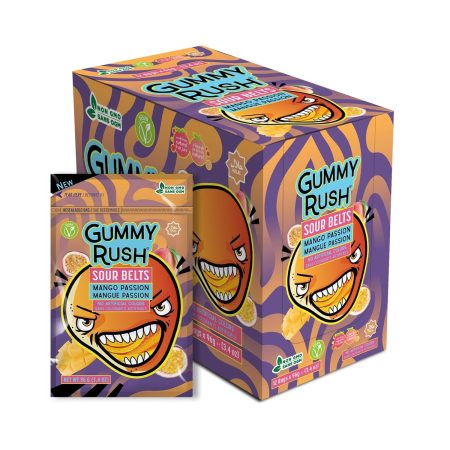 Gummy Rush Sour Belt Candies 3.4 oz, Egg Free, Peanut Free, Fish Free, Soy Free, Sesame Free, Shellfish Free, Chewy Sour Tangy Treat - Pack of 12 (3.4 oz, Mango Passion)