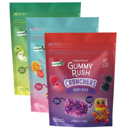 Gummy Rush Crunchers Fruit Flavoured Halal Jelly Candies, 2.826 oz Resealable Bag – Crunchy Sugar Coated, NON-GMO, No Artificial Colors Soft Chewy Gummies - 3 Pack (2.826 oz, Mixed-Flavored)