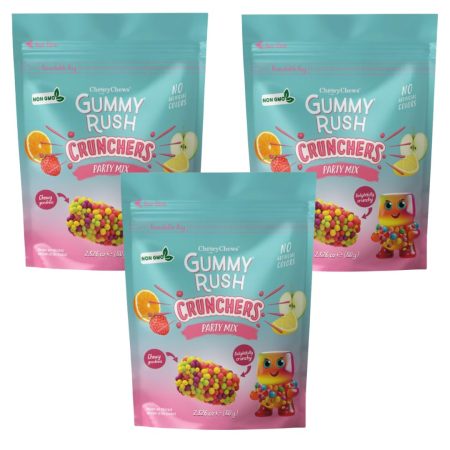 Gummy Rush Crunchers Fruit Flavoured Halal Jelly Candies, 2.826 oz Resealable Bag – Crunchy Sugar Coated, NON-GMO, No Artificial Colors Soft Chewy Gummies - 3 Pack (2.826 oz, Party Mi)