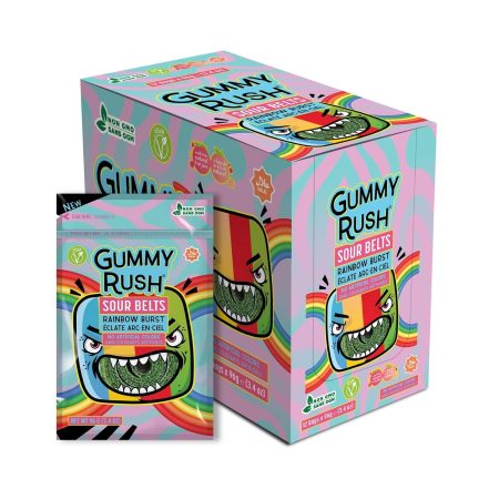 Gummy Rush Sour Belt Candies 3.4 oz, Egg Free, Peanut Free, Fish Free, Soy Free, Sesame Free, Shellfish Free, Chewy Sour Tangy Treat - Pack of 12 (3.4 oz, Rainbow Burst)