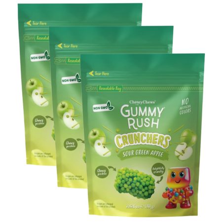 Gummy Rush Crunchers Fruit Flavoured Halal Jelly Candies, 2.826 oz Resealable Bag – Crunchy Sugar Coated, NON-GMO, No Artificial Colors Soft Chewy Gummies - 3 Pack (2.826 oz, Sour Green Ap)