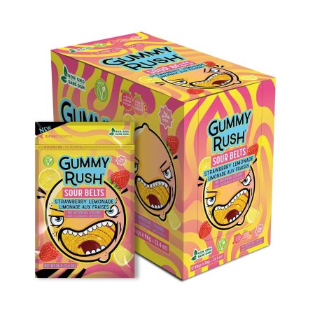 Gummy Rush Sour Belt Candies 3.4 oz, Egg Free, Peanut Free, Fish Free, Soy Free, Sesame Free, Shellfish Free, Chewy Sour Tangy Treat - Pack of 12 (3.4 oz, Strawberry Lemonade)