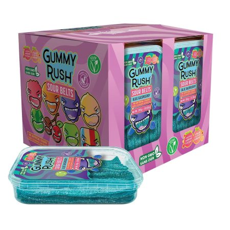 Gummy Rush Sour Belt Candies 285g (10.05oz), Egg Free, Peanut Free, Fish Free, Soy Free, Sesame Free, Shellfish Free, Dairy Free Chewy Sour Tangy Treat - Pack of 12 (10.05 oz, Blue Raspberry)