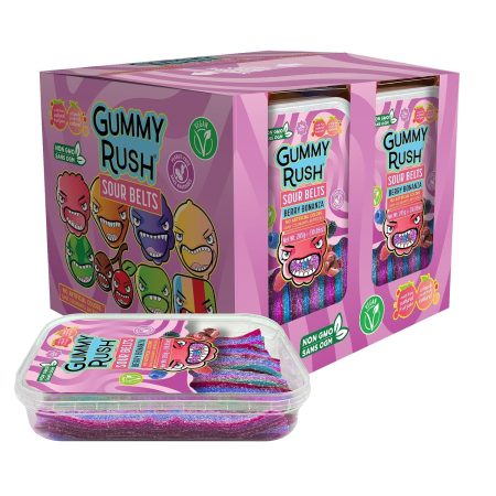 Gummy Rush Sour Belt Candies 285g (10.05oz), Egg Free, Peanut Free, Fish Free, Soy Free, Sesame Free, Shellfish Free, Dairy Free Chewy Sour Tangy Treat - Pack of 12 (10.05 oz, Berry Bonanza)