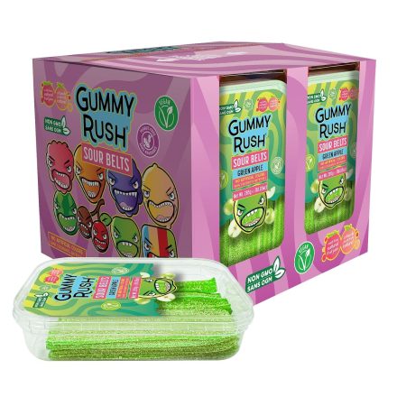 Gummy Rush Sour Belt Candies 285g (10.05oz), Egg Free, Peanut Free, Fish Free, Soy Free, Sesame Free, Shellfish Free, Dairy Free Chewy Sour Tangy Treat - Pack of 12 (10.05 oz, Green Apple)