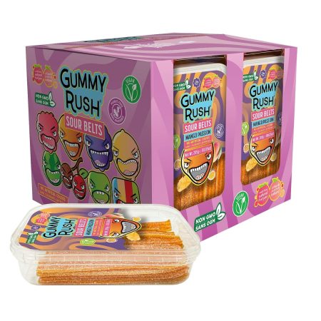 Gummy Rush Sour Belt Candies 285g (10.05oz), Egg Free, Peanut Free, Fish Free, Soy Free, Sesame Free, Shellfish Free, Dairy Free Chewy Sour Tangy Treat - Pack of 12 (10.05 oz, Mango Passion)
