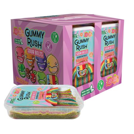 Gummy Rush Sour Belt Candies 285g (10.05oz), Egg Free, Peanut Free, Fish Free, Soy Free, Sesame Free, Shellfish Free, Dairy Free Chewy Sour Tangy Treat - Pack of 12 (10.05 oz, Rainbow Brust)