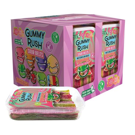 Gummy Rush Sour Belt Candies 285g (10.05oz), Egg Free, Peanut Free, Fish Free, Soy Free, Sesame Free, Shellfish Free, Dairy Free Chewy Sour Tangy Treat - Pack of 12 (10.05 oz, Watermelon Wave)