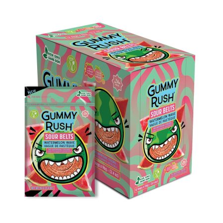 Gummy Rush Sour Belt Candies 3.4 oz, Egg Free, Peanut Free, Fish Free, Soy Free, Sesame Free, Shellfish Free, Chewy Sour Tangy Treat - Pack of 12 (3.4 oz, Watermelon Wave)